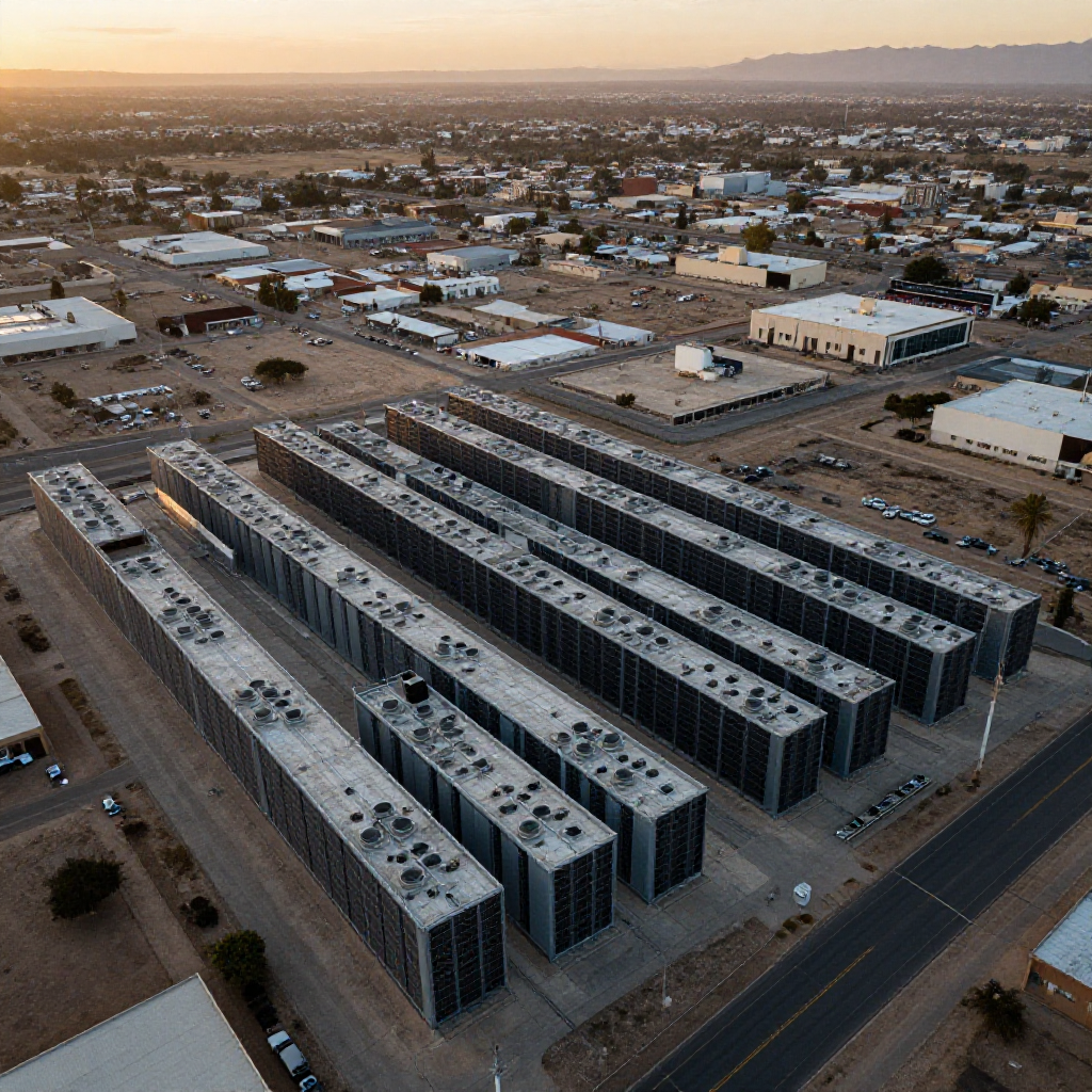 Torres de enfriamiento de un centro de datos de IA al atardecer