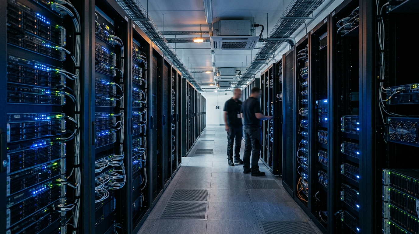 Centro de datos con luces azules, contexto de la Anthropic salida a bolsa