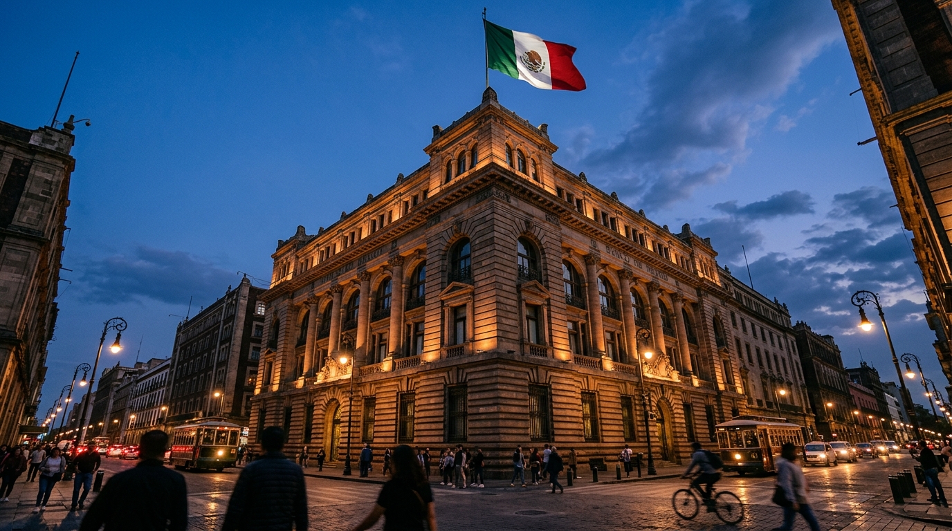 Fachada del Banco de México con tablero de la tasa de interés