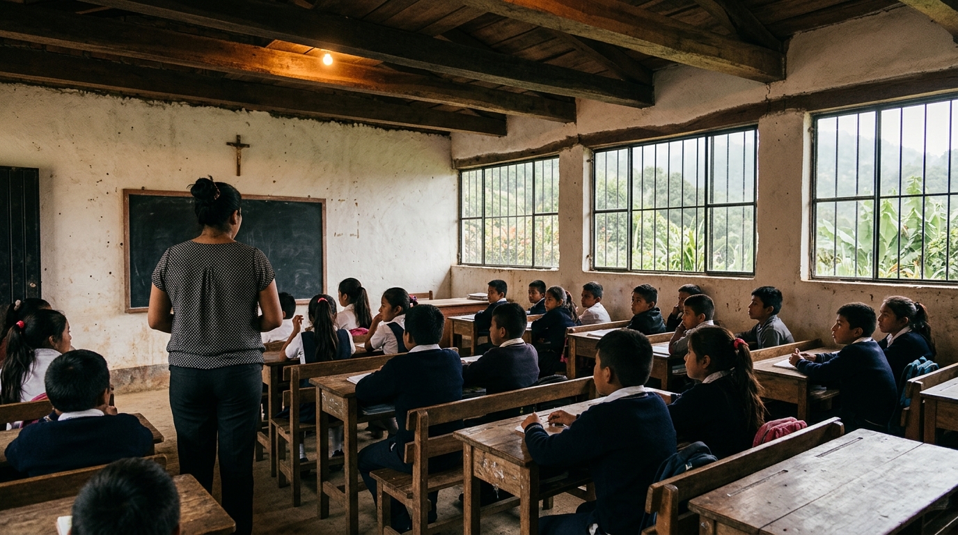 Aula de educación básica en Chiapas con docente frente a grupo numeroso