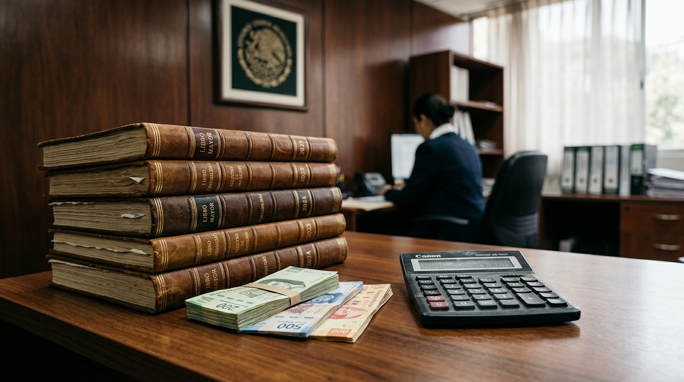 Libros fiscales y billetes de peso en escritorio, contexto del déficit presupuestario de México