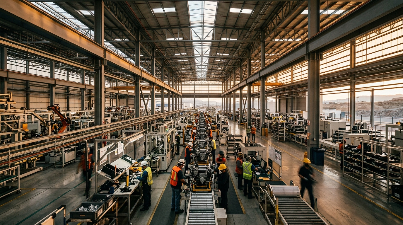 Planta manufacturera moderna iluminada al amanecer, símbolo de inversión extranjera directa en México