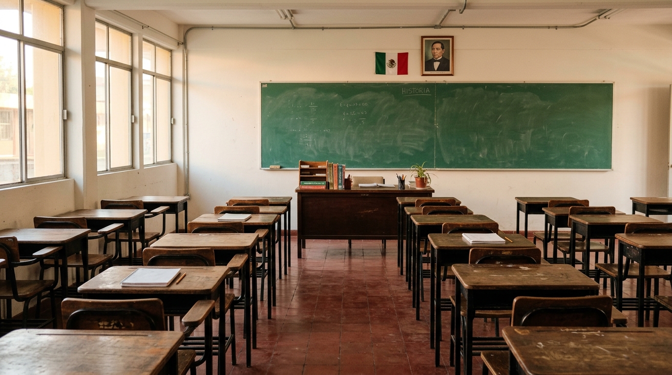 Aula de bachillerato en México con pupitres vacíos y luz de mañana